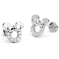 Pendientes huecos de circonitas cúbicas y plata de ley de Mickey Mouse- para mujer y niñas- de findout (f1696plata)
